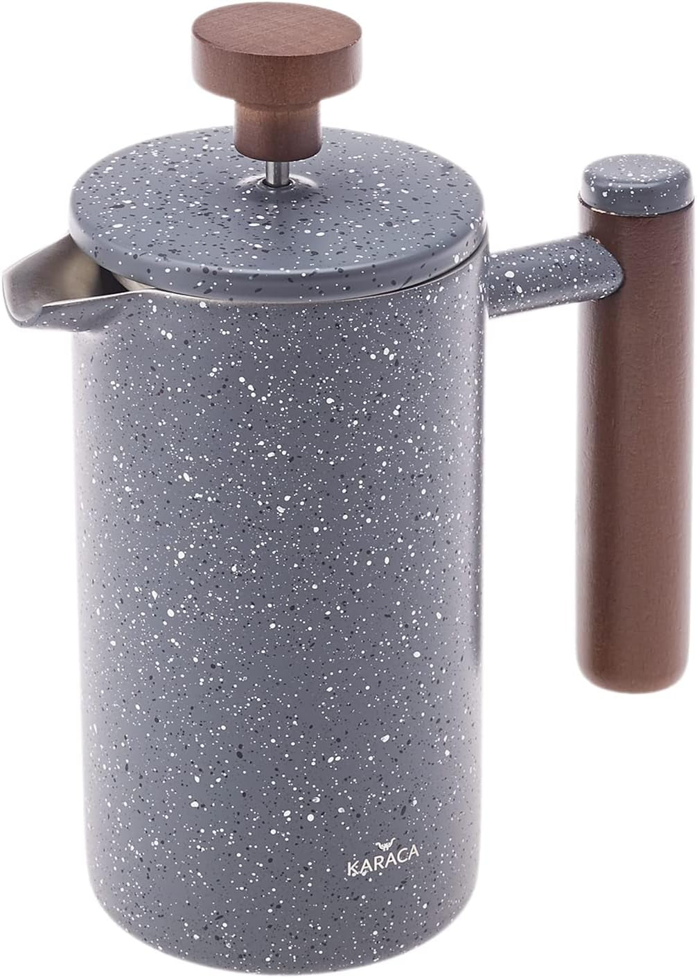 Presă franceză cu pereți dubli din marmură KARACA și mâner din castan – Presă franceză izolată pentru cafea – Aparat de cafea pentru acasă, călătorii și camping – 350 ml – Gri închis