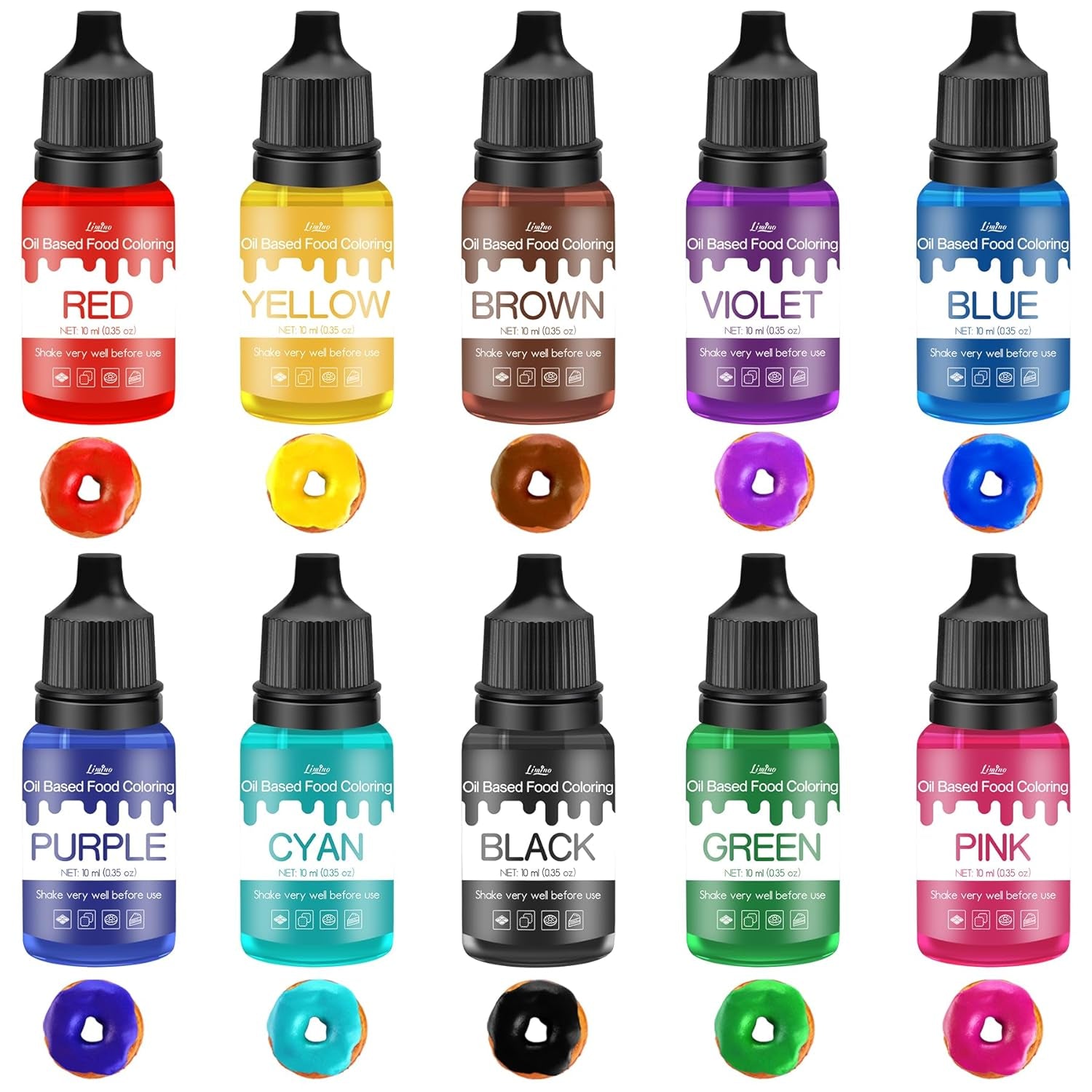Fettlösliche Lebensmittelfarbe - 10 Farben Ölbasis Lebensmittelfarben Für Schokolade, Süssigkeit, Kuchen, Backen, Macaron - Konzentrierte Lebensmittelfarbe Für Tortendeko, Buttercreme, Fondant - Je 10Ml Naty Shop