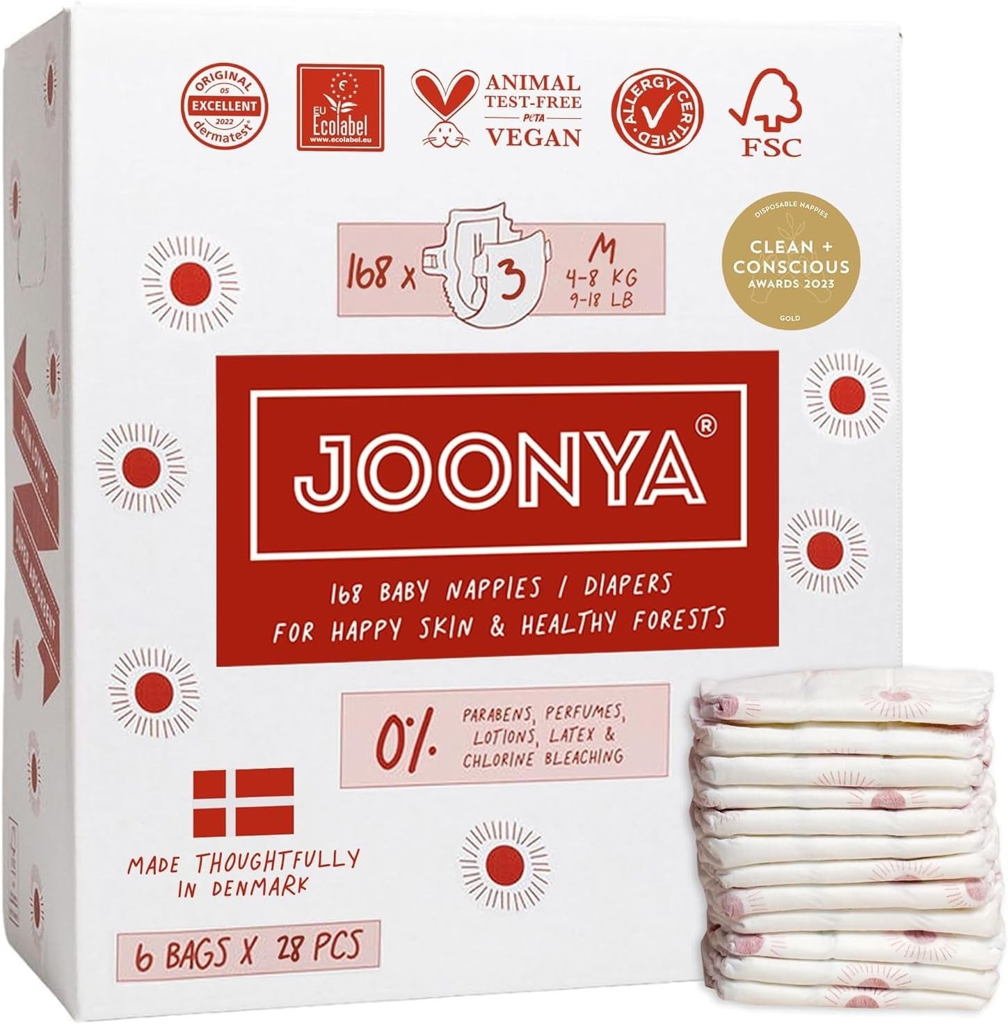 Babywindeln, Größe 3M (4-8 kg) – 1 Beutel mit 28 Stück – Keine Schadstoffe, umweltfreundlich, sehr saugfähig, für den Nachtgebrauch geeignet, ultradünn und weich – Hergestellt in Dänemark