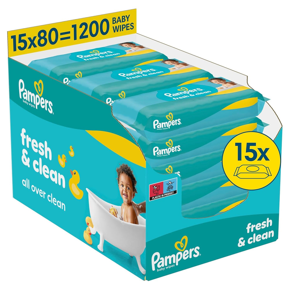 Pampers Fresh Clean Feuchttücher, 15 Packungen mit 80 Tüchern, insgesamt 1200 Tücher, leichter Duft, auch für Hände und Gesicht geeignet