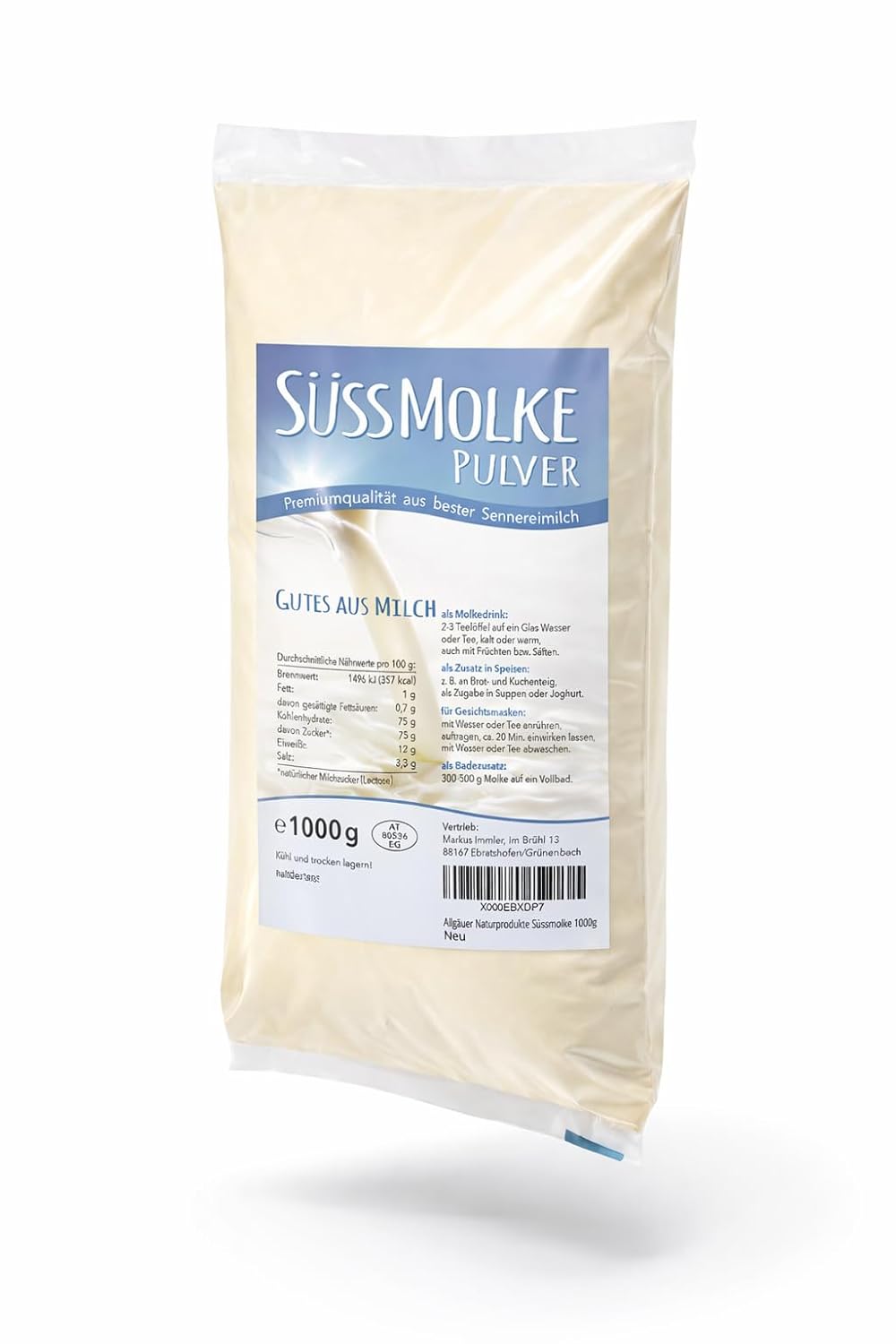 Allgauer Naturprodukte Süßmolkenpulver 1000 g – vielseitig einsetzbar für Getränke