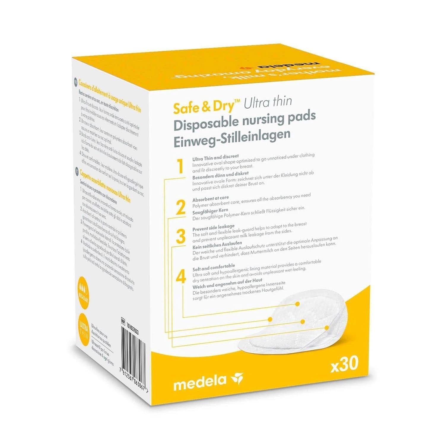 MEDELA Safe & Dry Einweg-Stilleinlagen, Ultradünn, Einzeln Verpackt, 30 Stück Zubehör Lebensmittel und Stillen Bebe Naty Shop