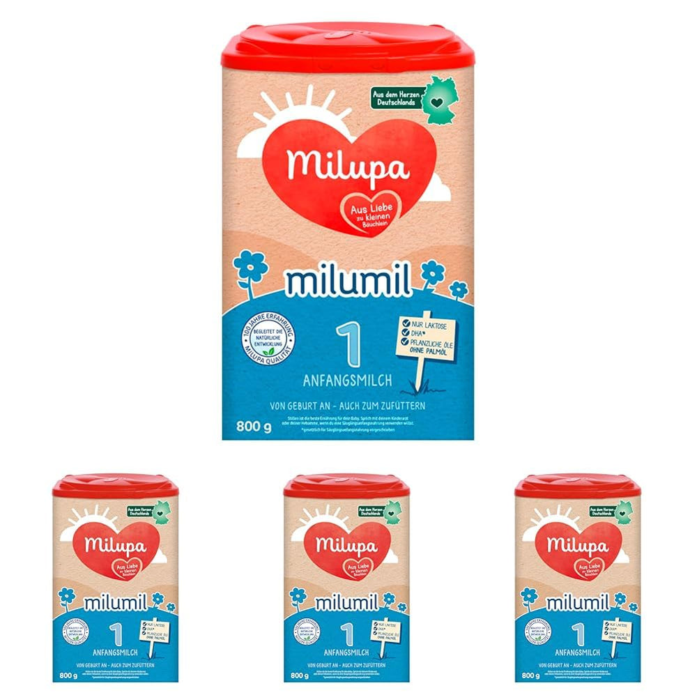 Milupa Milumil Pre, Milchpulver für Babys – Mit wichtigen Nährstoffen und ohne Palmöl – 800 g Naty Shop 4 x 800 Gramm Milumil 1