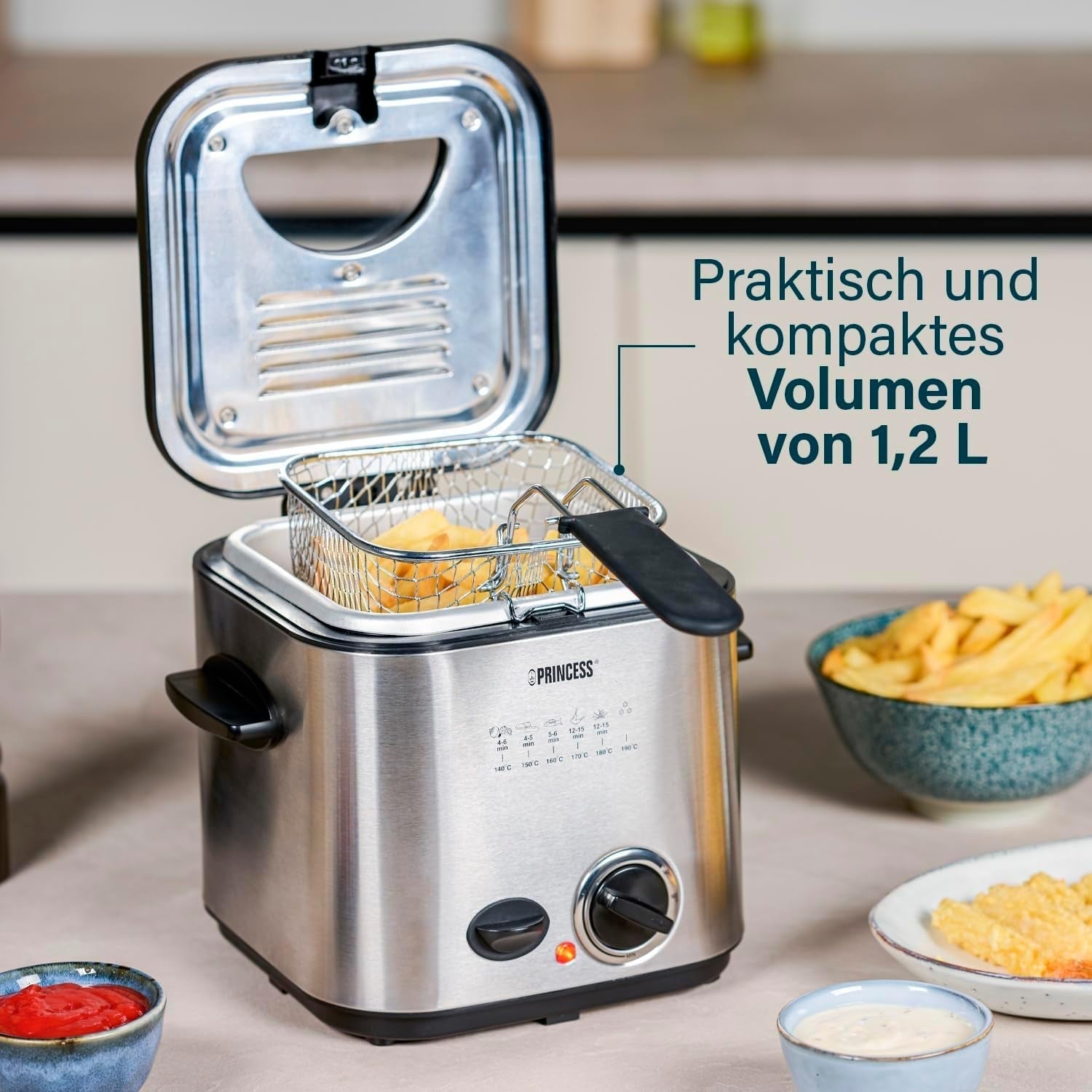 Princess 182611 Mini-Fondue-Fritteuse – schnelles Aufheizen – Geruchsfilter – 1,2 Liter Fassungsvermögen, Silber Haushaltsgeräte Naty Shop