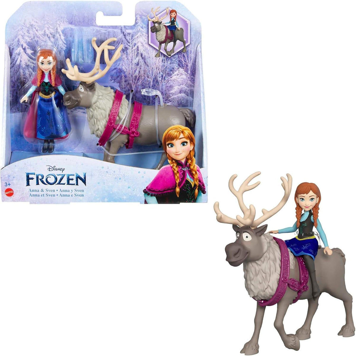 Mattel DISNEY The Ice Queen Anna & Sven - păpușă și figurină animal, inspirată de personajele animate, membre mobile, fustă și pelerină detașabile, pentru copii de la 3 ani, HLX03 Papusi Naty Shop Cap