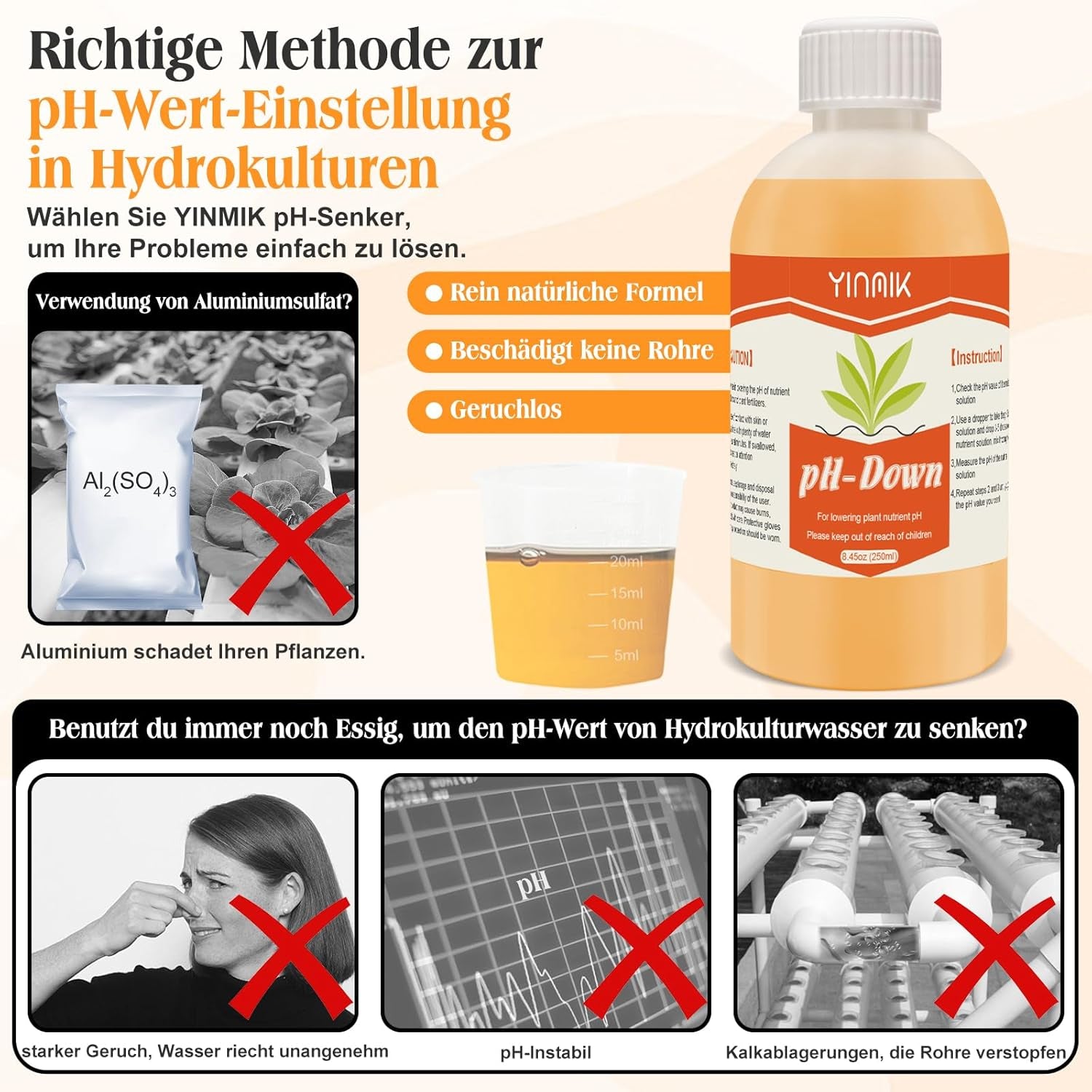 pH-Regulator für Hydrokultur, pH-Up- und pH-Down-Flüssigkeit, pH-Regulatorflüssigkeit zur Senkung oder Erhöhung des pH-Wertes, Premium-Puffer 250 ml, geeignet für alle Hydrokultursysteme (Erde und Wasser)