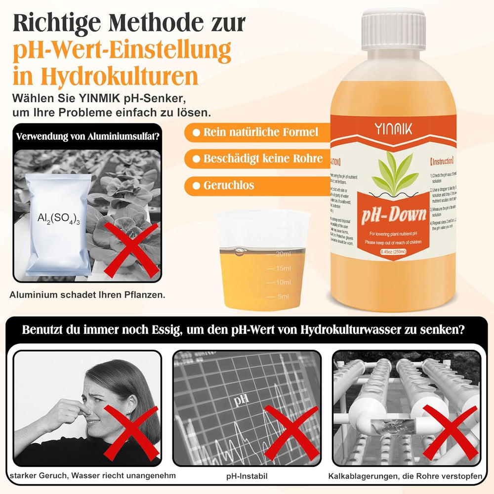 pH-Regulator für Hydrokultur, pH-Up- und pH-Down-Flüssigkeit, pH-Regulatorflüssigkeit zur Senkung oder Erhöhung des pH-Wertes, Premium-Puffer 250 ml, geeignet für alle Hydrokultursysteme (Erde und Wasser)