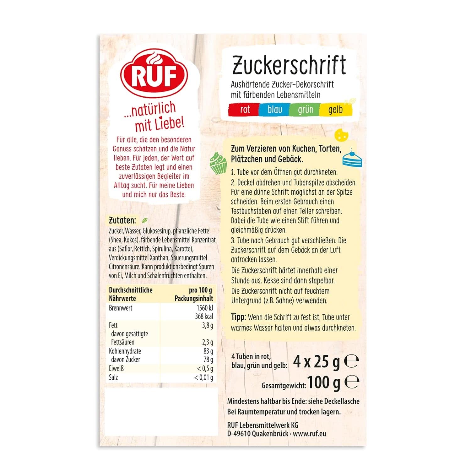 RUF, Glasur zum Beschriften von Kuchen, Keksen, Kuchen, glutenfrei, vegan, 4 x 25 Gramm Glasuren und Dekor Naty Shop