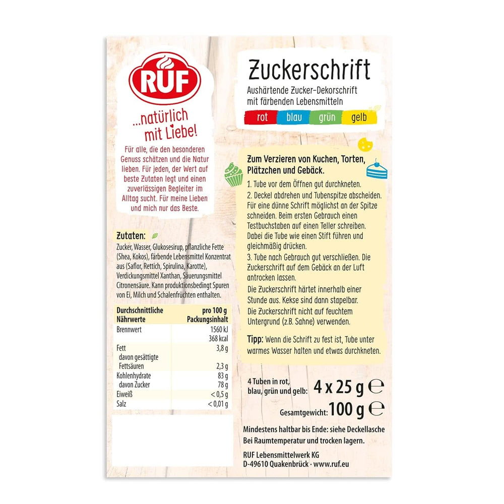 RUF, Glasur zum Beschriften von Kuchen, Keksen, Kuchen, glutenfrei, vegan, 4 x 25 Gramm Glasuren und Dekor Naty Shop