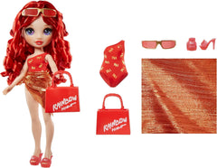 Rainbow High Swim & Style – Ruby (rot) – 28 cm große Puppe mit glänzendem Pareo, kann auf mehr als 10 Arten getragen werden – ausziehbarer Badeanzug, Sandalen, Spielzubehör – Spielzeug – ideal für Naty Shop Dolls im Alter von 4 bis 12 Jahren