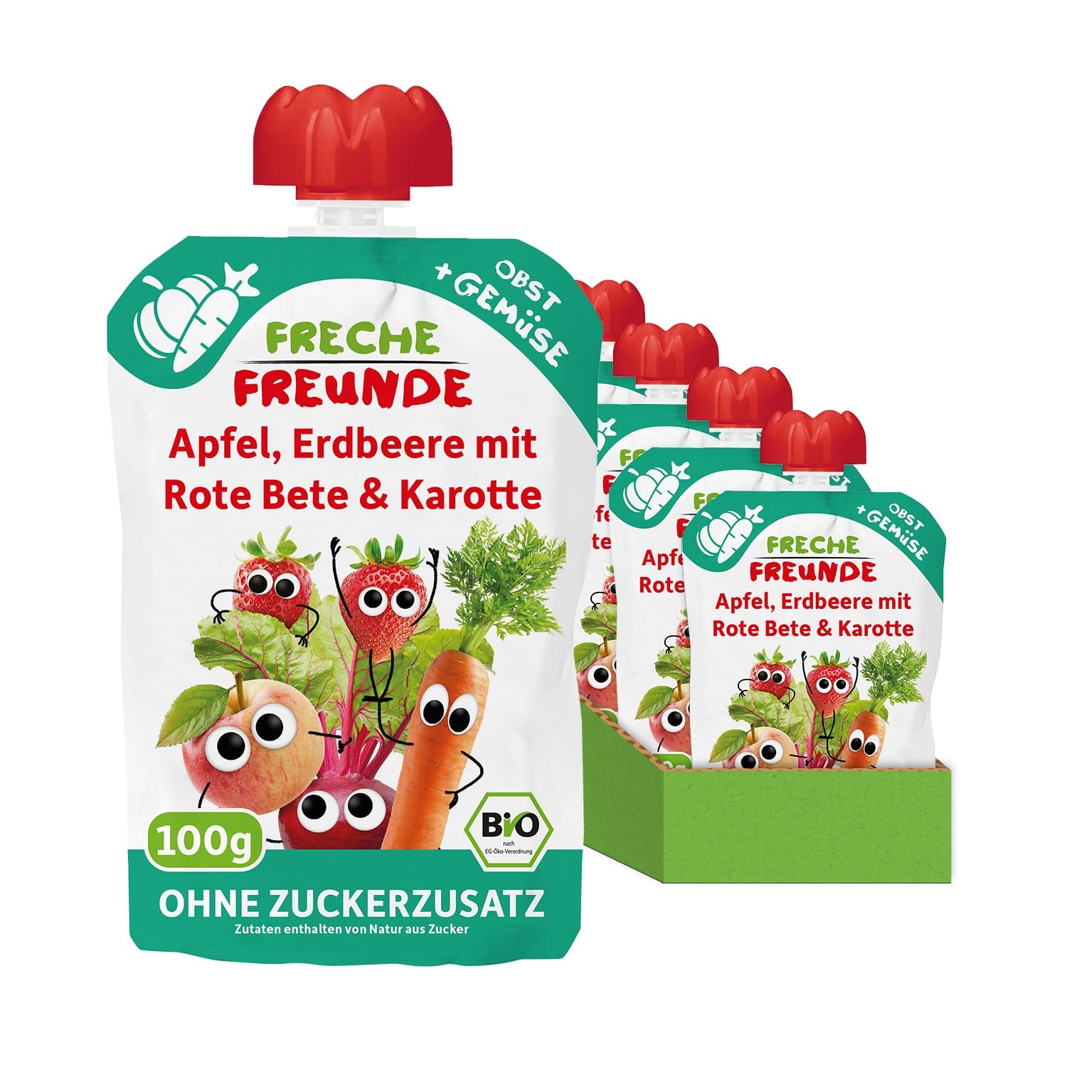 FRECHE FREUNDE Bio-Quetsch-Früchtebeutel mit Äpfeln, Erdbeeren, Roter Bete und Karotte, Obst- und Gemüsepüree im Quetschbeutel für Babys ab 6 Monaten, vegan, 6er-Pack (6 x 100 g)