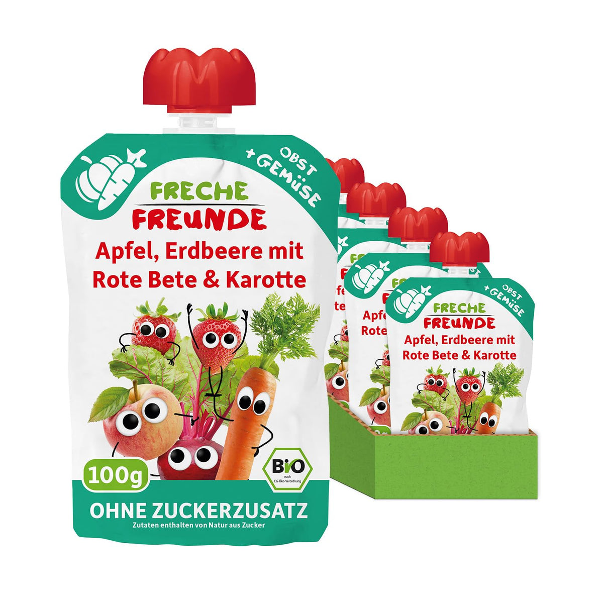 FRECHE FREUNDE Bio-Quetsch-Früchtebeutel mit Äpfeln, Erdbeeren, Roter Bete und Karotte, Obst- und Gemüsepüree im Quetschbeutel für Babys ab 6 Monaten, vegan, 6er-Pack (6 x 100 g)