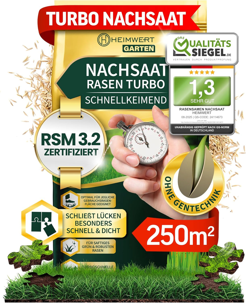 Rasensamen Schnellkeimend Turbo Nachsaat Grassamen Schnellkeimend Nach Original RSM 3.2 Empfehlung Aus Hochwertigster Gräser Mischung - 1Kg Sport Und Spiel Rasen Für 50 M2 - Made in Germany