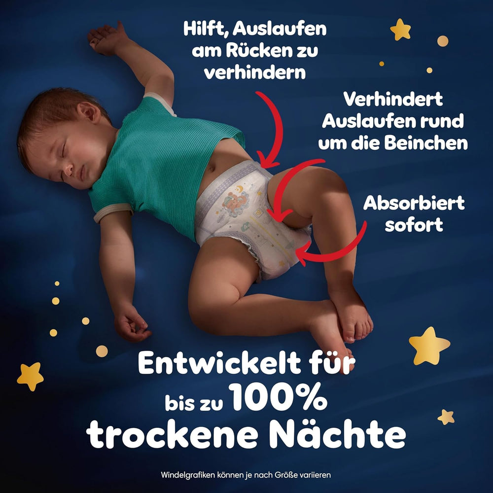 Pampers Night Pants Windeln der Größe 6, 138 Stück, 13 kg–19 kg, bieten zusätzlichen Schutz für die ganze Nacht.
