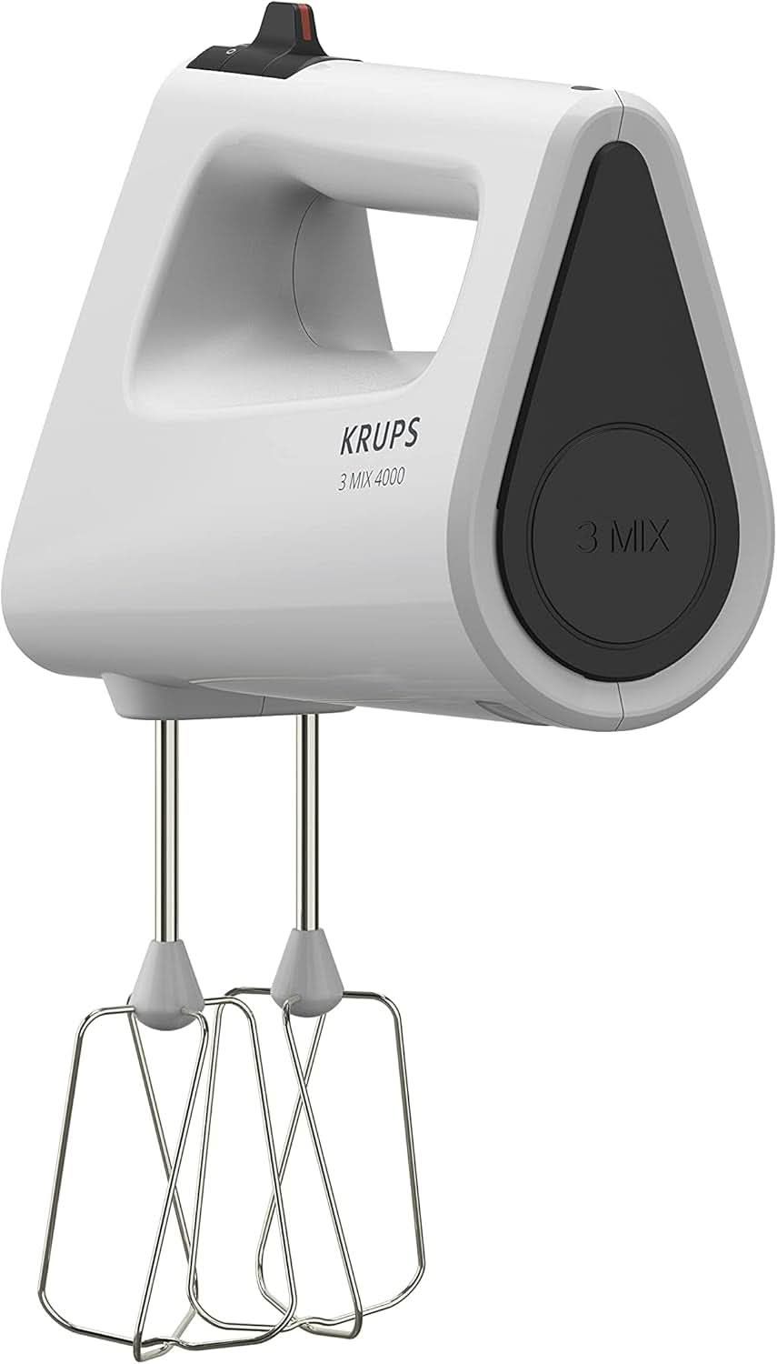 Krups GN4001 3 Mix 4000 Handmixer | 450 Watt | Robustes Design | Variabler Geschwindigkeitsregler | Turbo- und Auswurf-Funktion | inkl. 2 Rührbesen und 2 Knethaken | Weiß/Grau Kitchen Naty Shop