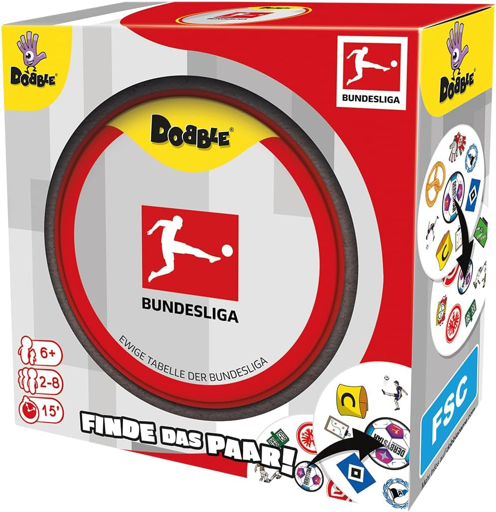 Dobble Bundesliga, Familienspiel, Kartenspiel, 2-8 Spieler, ab 6 Jahren, 15 Minuten, deutsch