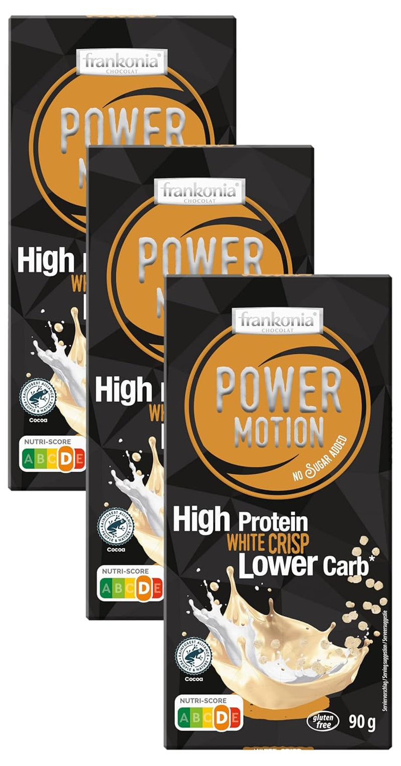 frankonia CHOCOLAT POWER MOTION ohne Zuckerzusatz – Knusprige weiße Schokolade mit hohem Protein- und niedrigem Kohlenhydratanteil, 90 g