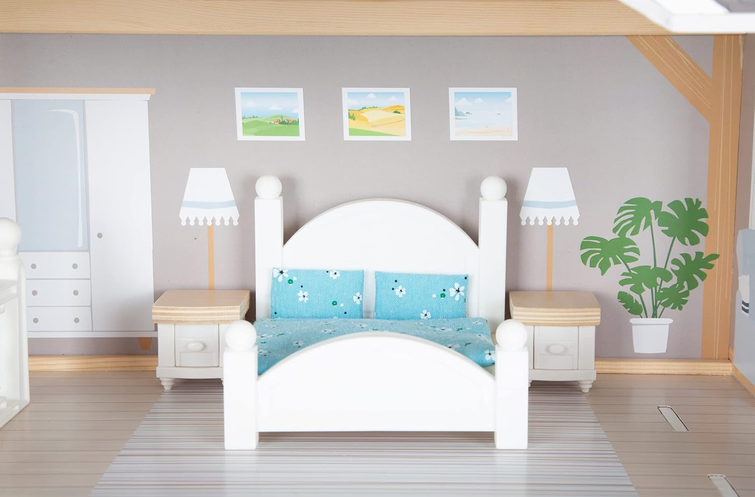 Casă de păpuși din lemn Small Foot, cu 3 etaje, față deschisă și 12 piese de mobilier, pentru copii cu vârsta de la 3 ani în sus, 11802, alb gri