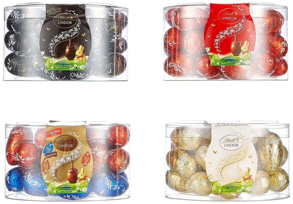 LINDOR-Eier mit Lindt-Schokolade | 4 Kartons à 450 g | LINDOR-Eier mit zartschmelzender Vollmilchschokolade, weißer, dunkler und Haselnussfüllung | Osterschokolade | Geschenk aus Schokolade | Ostereier | Schokoladeneier