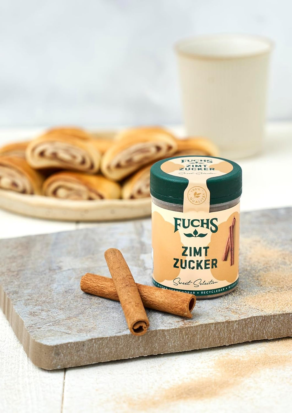 Fuchs Gewürze - Zimt Zucker - Klassisches Gewürz für Milchreis, Pfannkuchen oder Waffeln - aus natürlicher Zutat - 100 g in wiederverwendbarer, recyclebarer Dose