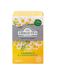 Ahmad Tea - Camomile &amp; Lemongrass - Ceai de fructe și plante fără cofeină - Mușețel și lemongrass - Pliculețe de ceai ambalate individual, sigilate pentru păstrarea aromelor, cu 2 g de ceai per porție - 20 pliculețe de ceai cu bandă