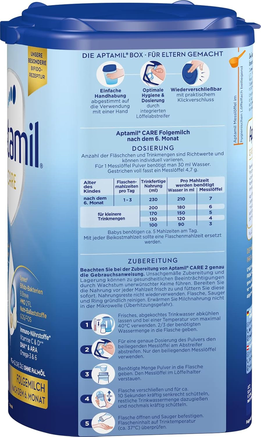 Aptamil Care 2 – Folgemilch nach 6 Monaten, mit Omega 3 und 6, DHA und ARA, palmölfrei, Babynahrung, Milchpulver, 1 x 800 g (3er Pack)