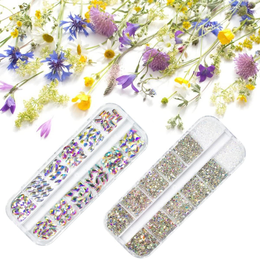 2630 buc pietre strălucitoare cristal AB pentru unghii, 120 pietre strălucitoare mari de 12 tipuri + 2510 pietre rotunde din sticlă K9 de 6 dimensiuni pentru unghii, strasuri, design de unghii, brelocuri pentru unghii pentru arta feței