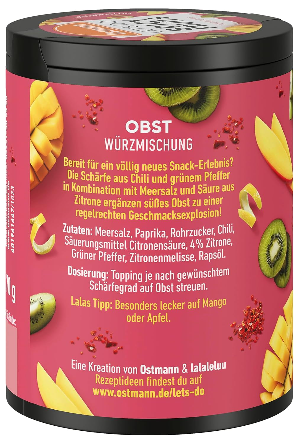 Ostmann Gewürze - Let's Do Spicy Fruits | Würzmischung für süßes Obst erstellt von Lalaleluu | scharfes Obst-Topping mit Chili und Pfeffer, lecker auf Apfel oder Mango | 70 g in Metalldose recyclebar