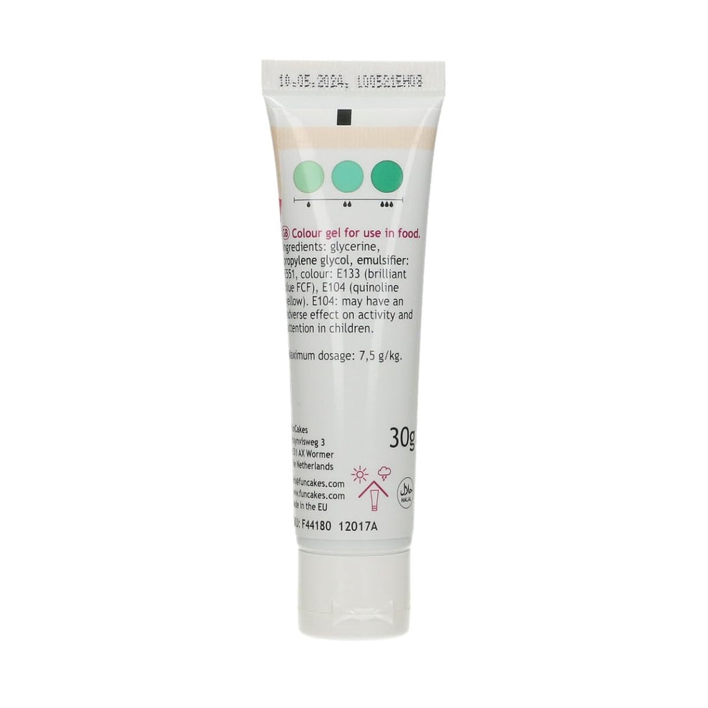 Colorant alimentar Funcakes Verde Mentă, gel colorant alimentar foarte concentrat pentru aluat, cremă, fondant și marțipan. Dozare ușoară. Picătură individuală pentru a crea culori vibrante. Halal. 30 g.