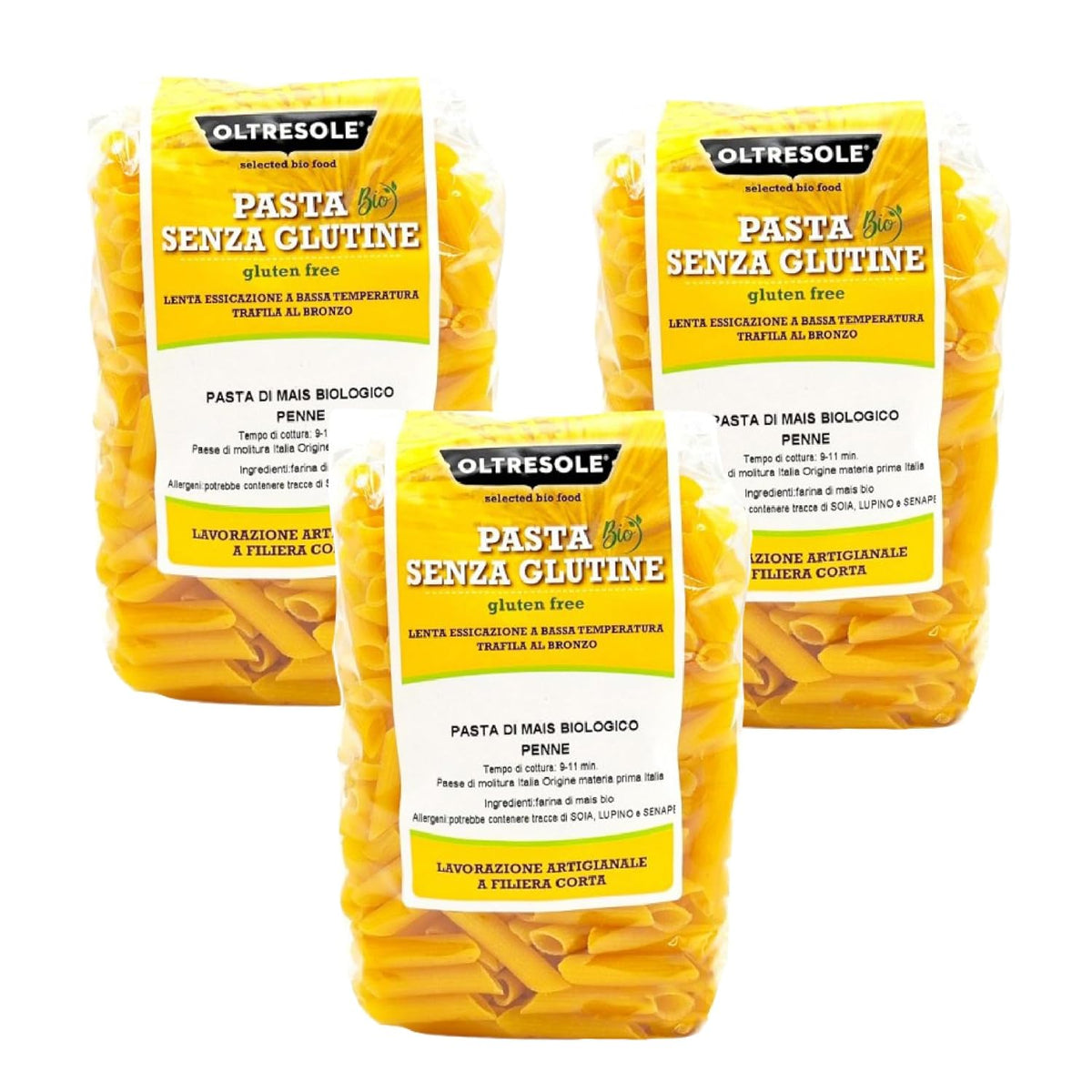 - Pasta di Mais Giallo Biologica Italiana Gluten Free, Formato Penne – glutenfreie Pasta, 100 % Farina di Mais Giallo Bio, vegan, 3 Packungen von 350 g