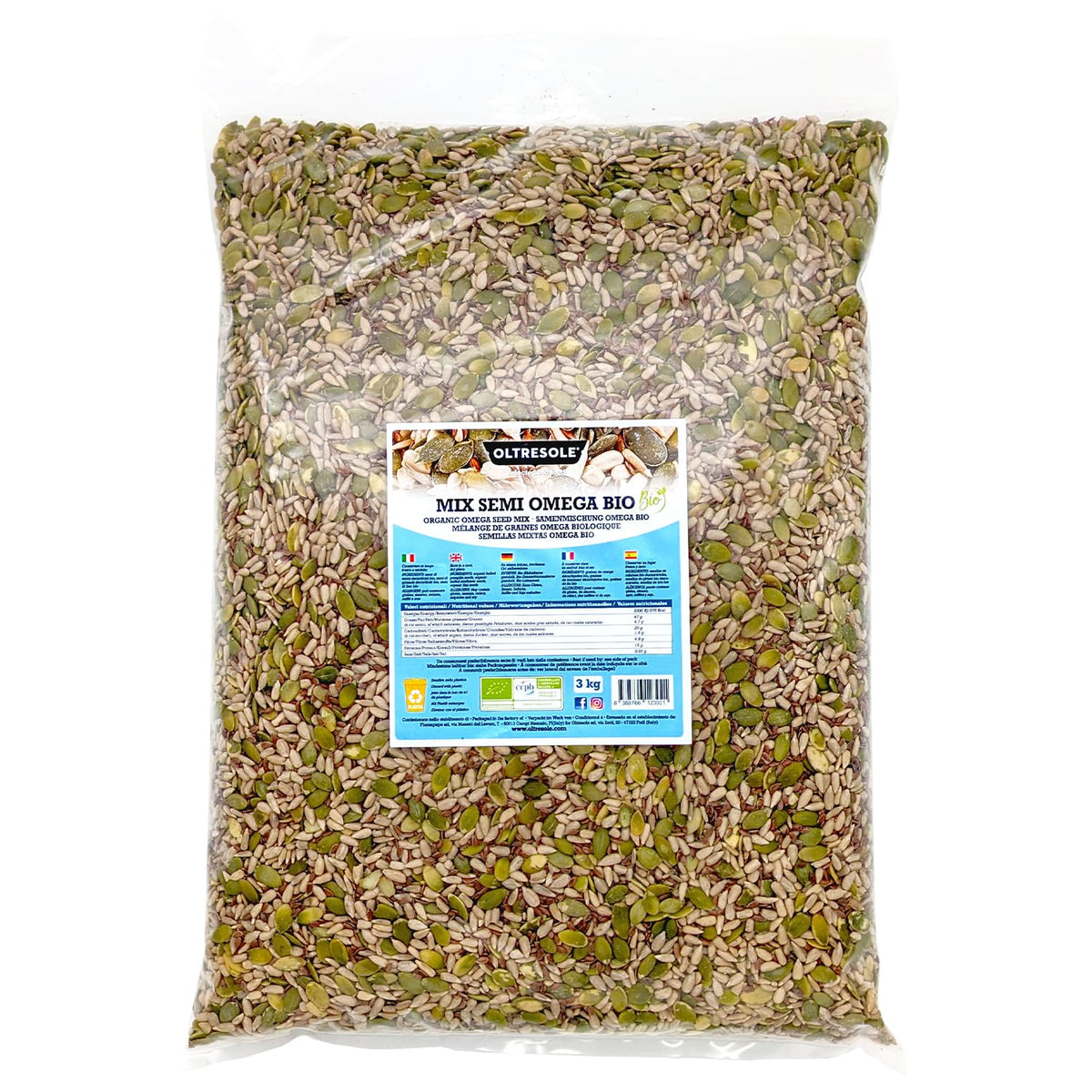 Bio-Omega-Samenmischung 3 kg (Mischung aus Kürbis-, Sonnenblumen- und Leinsamen), eine Mischung aus 3 ganzen rohen Ölsaaten, reich an Proteinen, Ballaststoffen und Omega-3-Fettsäuren