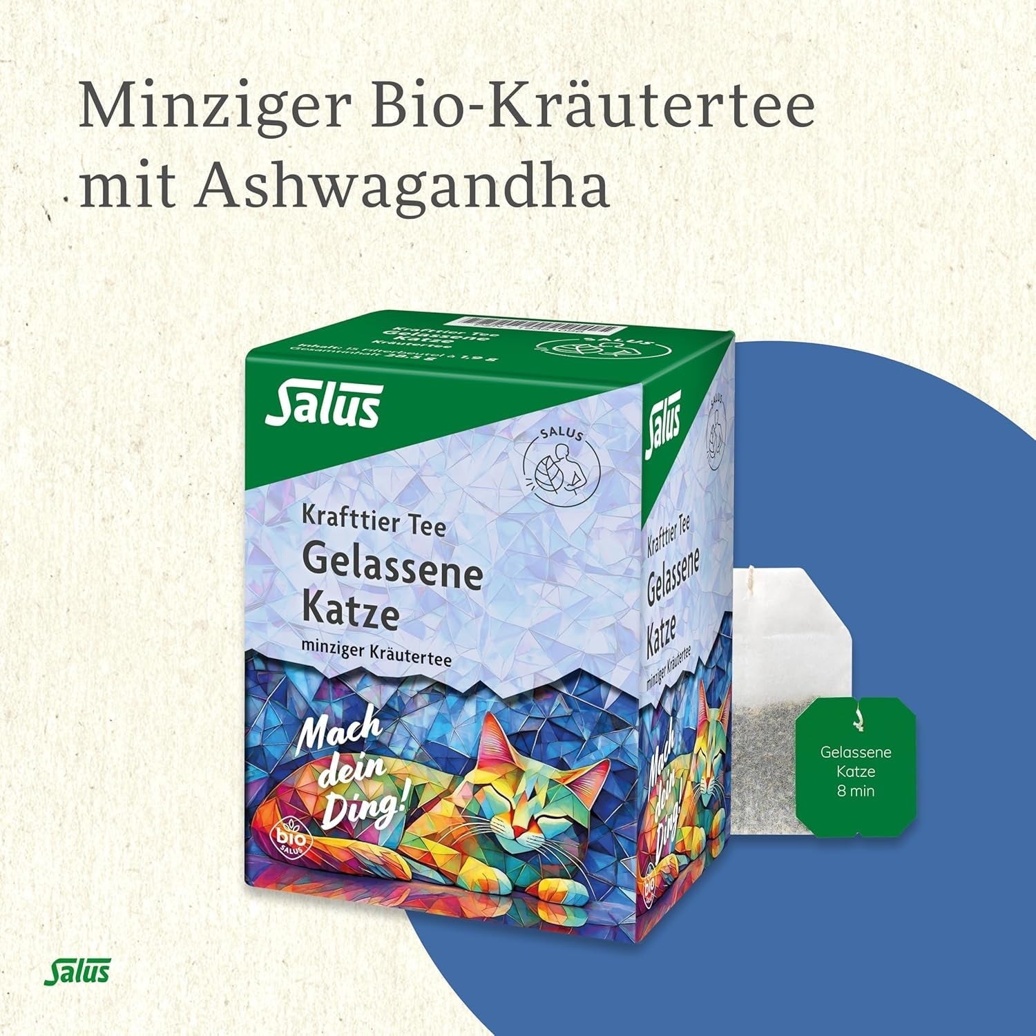 Salus - Ceai Krafttier - Pisica liniștită - 1X 15 pliculețe filtru (28,5 g) - Ceai de plante mentolat cu ashwagandha - organic