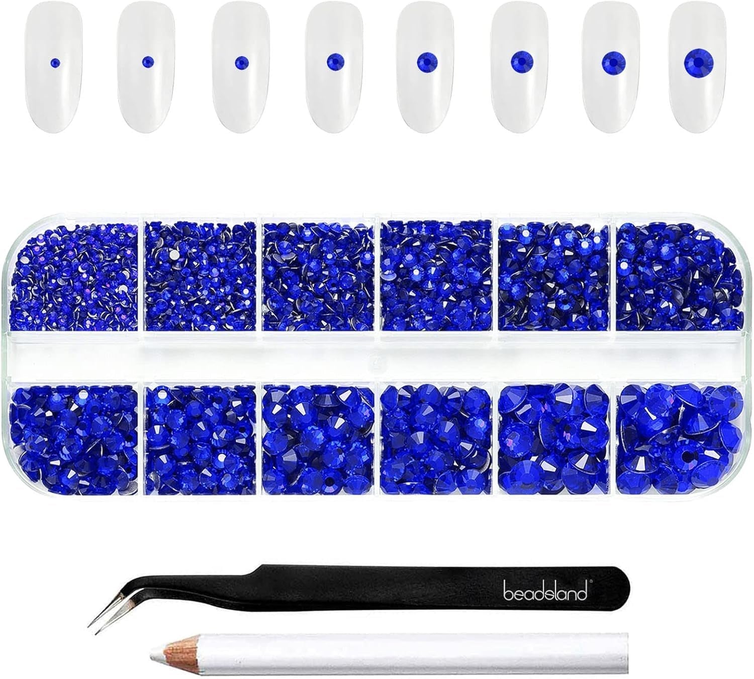 Beadsland 2500Pcs Glas Nailart Strasssteine Kristall Flatback Edelsteine Runde, ​​Für Handwerk Gemischt 8 Größen SS4 ~ SS30 Mit Picking Pinzette Und Stift (Kristall Weiss)