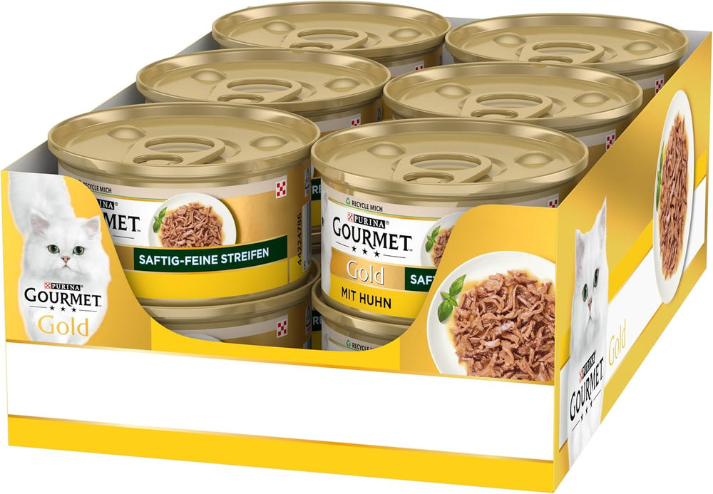 Gourmet Gold Succulent-Fâșii fine, hrană umedă pentru pisici cu pui, pachet de 12 (12 x 85g)