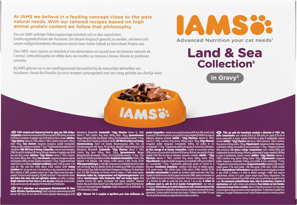 IAMS Delights Hrană umedă pentru pisici senior - Pachet multiplu cu pui și pește în sos, hrană umedă de înaltă calitate pentru pisici mai în vârstă de la 7 ani, 12 x 85 g