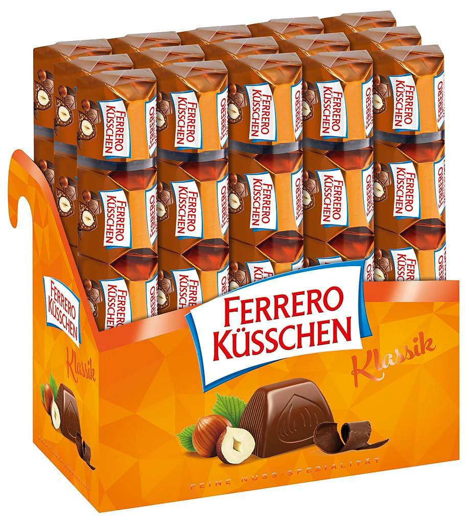 Ferrero Küsschen White Crispy – Valentinstagsgeschenk für Sie und Ihn – Knusprig geröstete Haselnüsse in heller Creme mit knusprigen Chips, umhüllt von weißer Schokolade, 1 Packung mit 20 einzelnen Pralinen