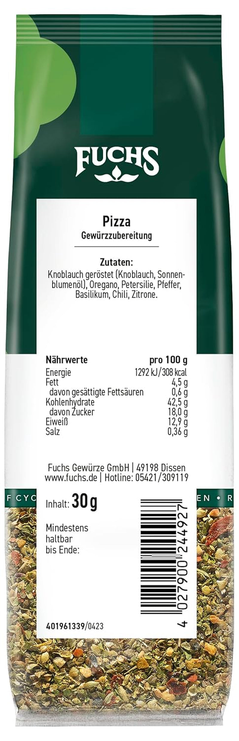 Fuchs Gewürze - Pizza Gewürzzubereitung im recycelbaren Nachfüllbeutel, Gewürzmischung mit italienischen Kräutern, ideal für Bruschetta - 30 g