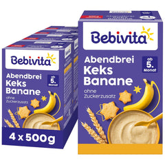 Abendbrei mit Keksen und Bananen (4x500g), Milchbrei ab 5 Monaten, ohne Zuckerzusatz, mit wertvollen Mineralien und Vitaminen, sehr sättigend