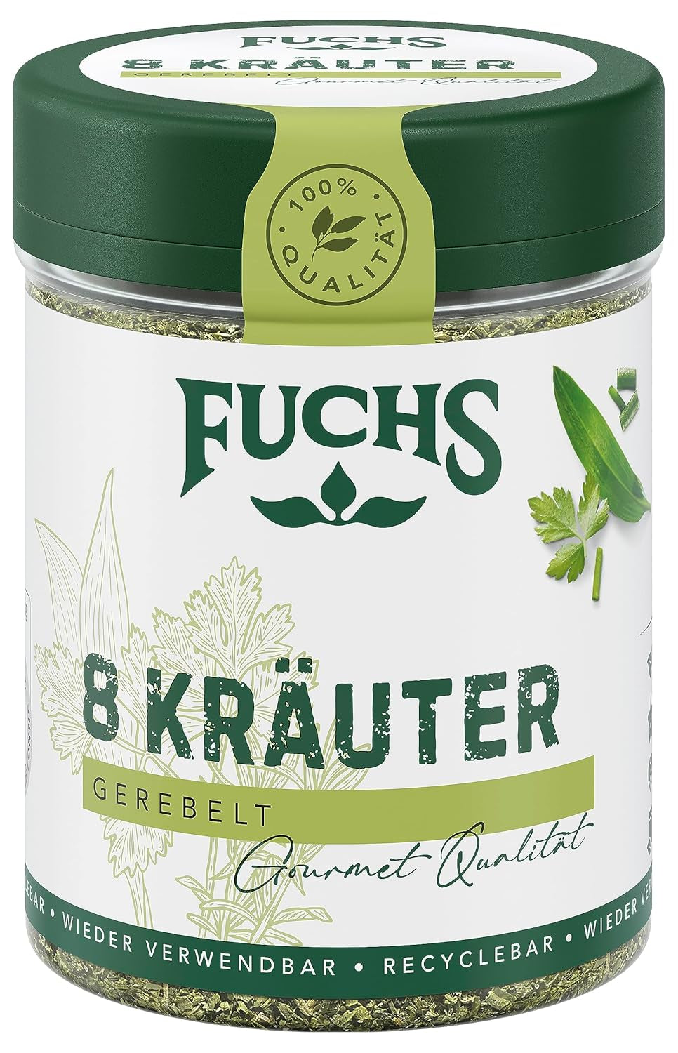 Fuchs Gewürze - 8 Kräutergerebelt - Kräutermischung für Marinaden, Fischgerichte oder Kräuter-Frischkäse - natürliche Zutaten - 25 g in wiederverwendbarer, recyclebarer Dose
