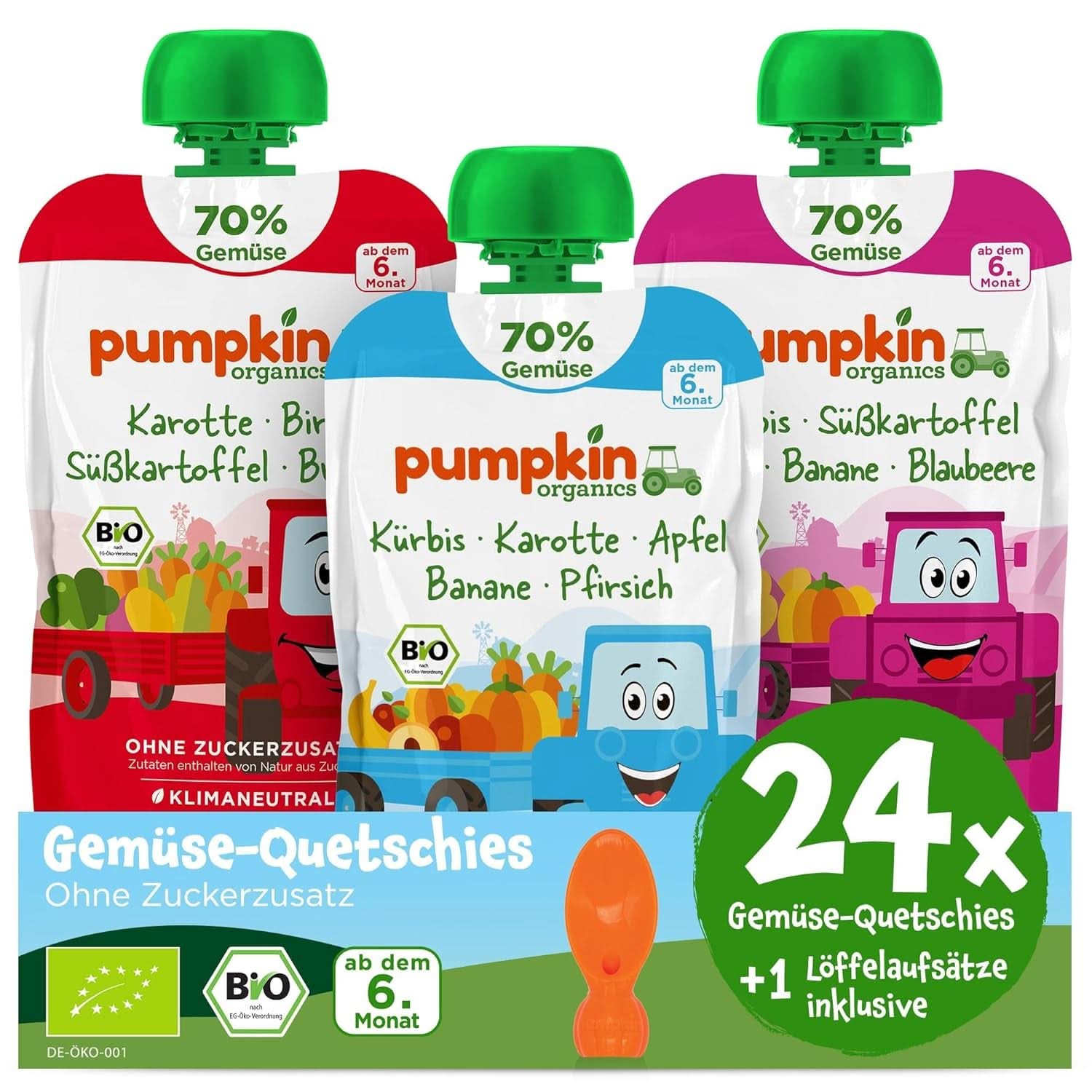 Pumpkin Organics 24Pack, Bio-Gemüsepüree, ohne Zuckerzusatz, für Babys ab 6 Monaten, 24 x 100 Gramm Mutter und Kind Naty Shop 24 x 100 Gramm