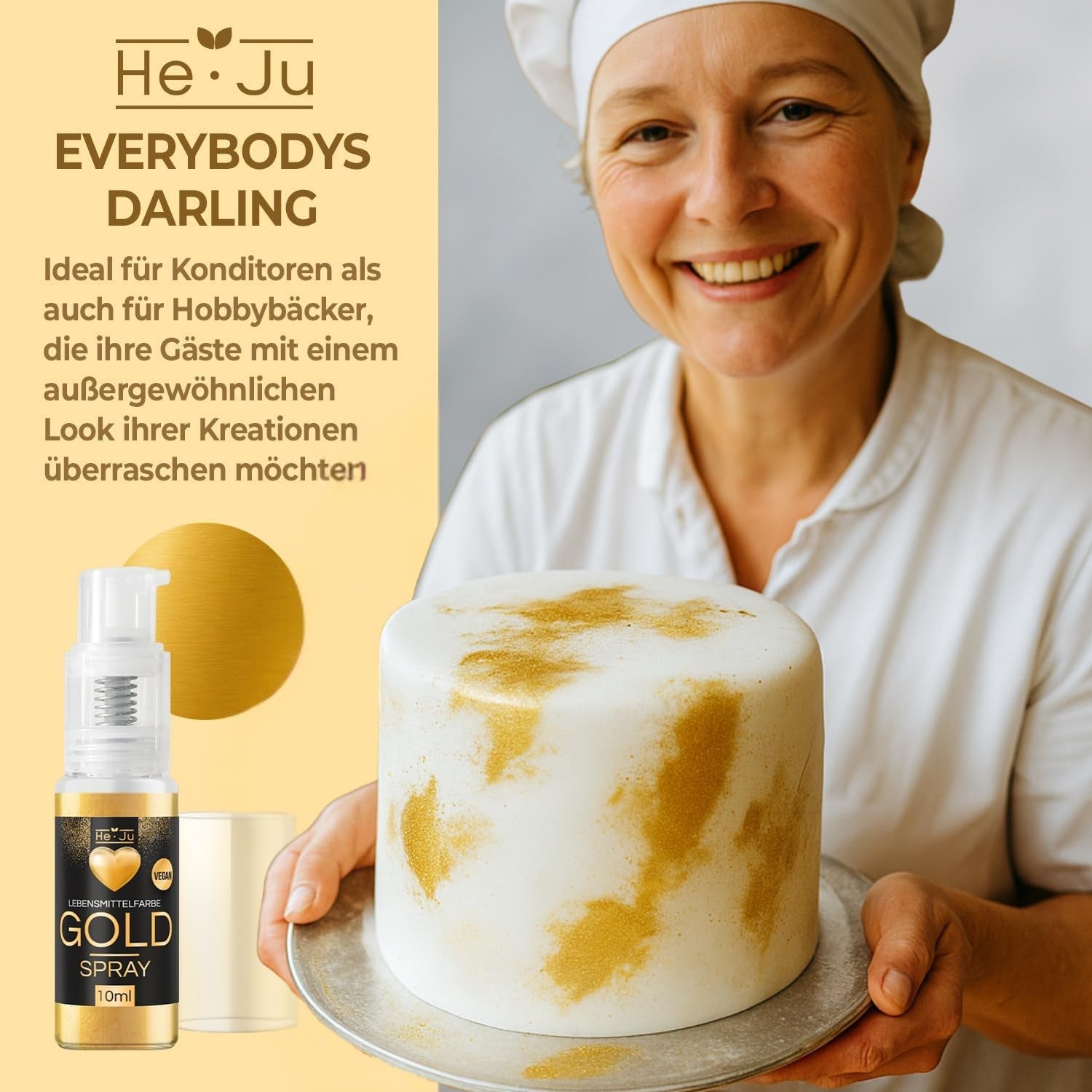 Spray colorant alimentar He-Ju, auriu, 10 g, pudră de aur comestibilă, vegană și fără E171, sclipici comestibil pentru băuturi