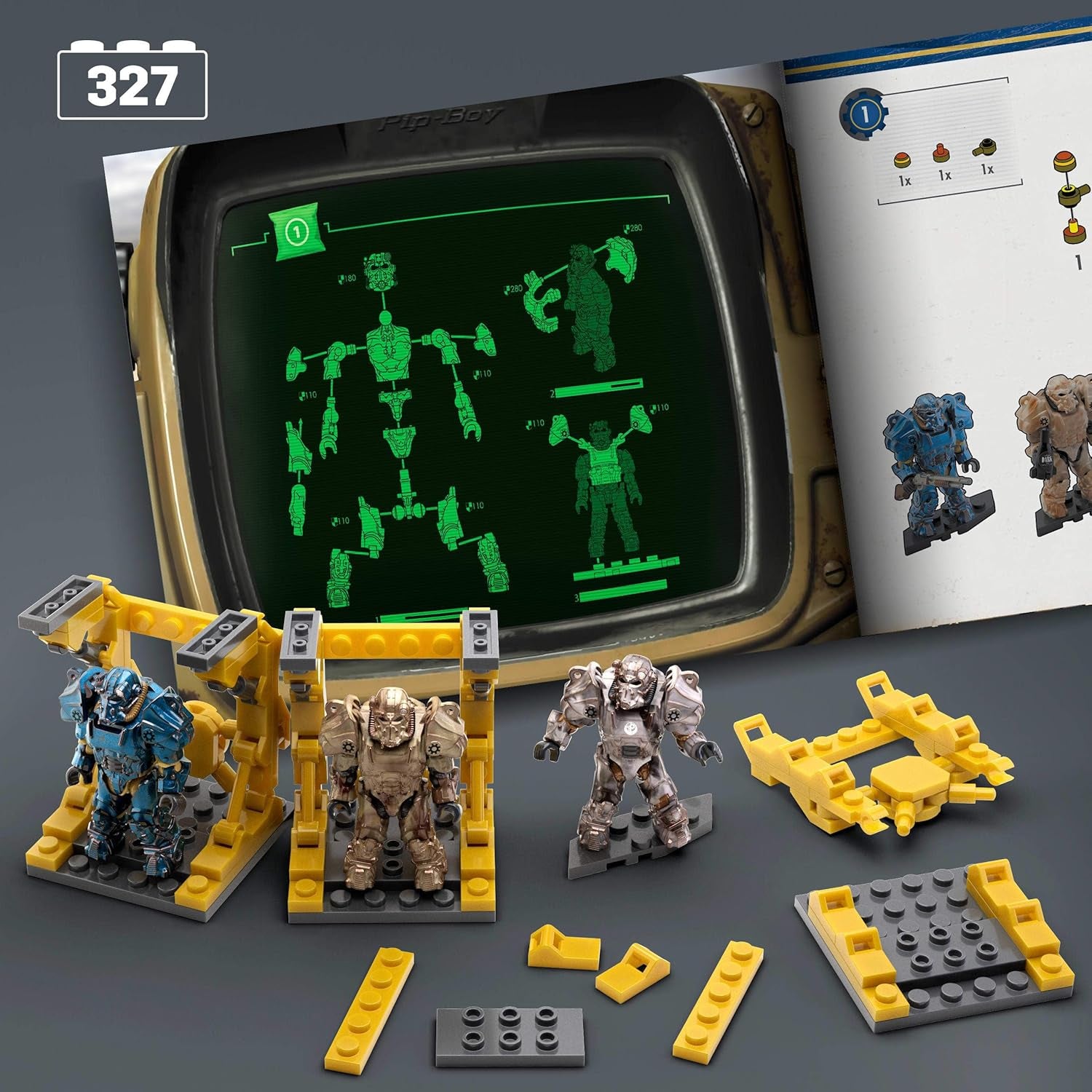 MEGA Fallout Action Figure Bauspielzeug, T-60 Power Armor Collection mit 327 Teilen, 5 Mikro-Actionfiguren und Zubehör, für Sammler