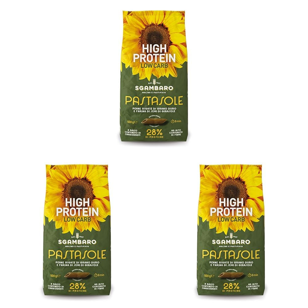 PASTASOLE, Penne Rigate mit 100 % Hartweizengrieß aus italienischem Anbau und Sonnenblumenkernmehl – ​​500 g – Proteinreich, kohlenhydratarm, reich an Ballaststoffen (3er-Pack)