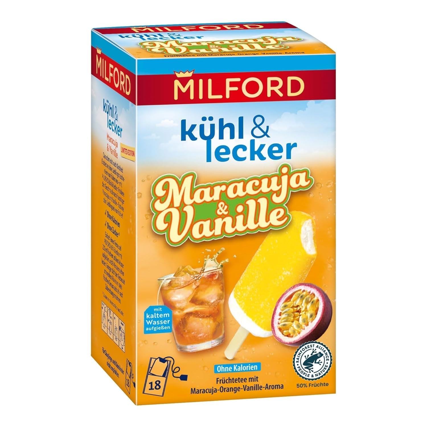 MILFORD Răcoritor și delicios Maracuja-Vanilie | Ceai de fructe cu aromă de maracuja-portocală-vanilie | 18 pliculețe de ceai