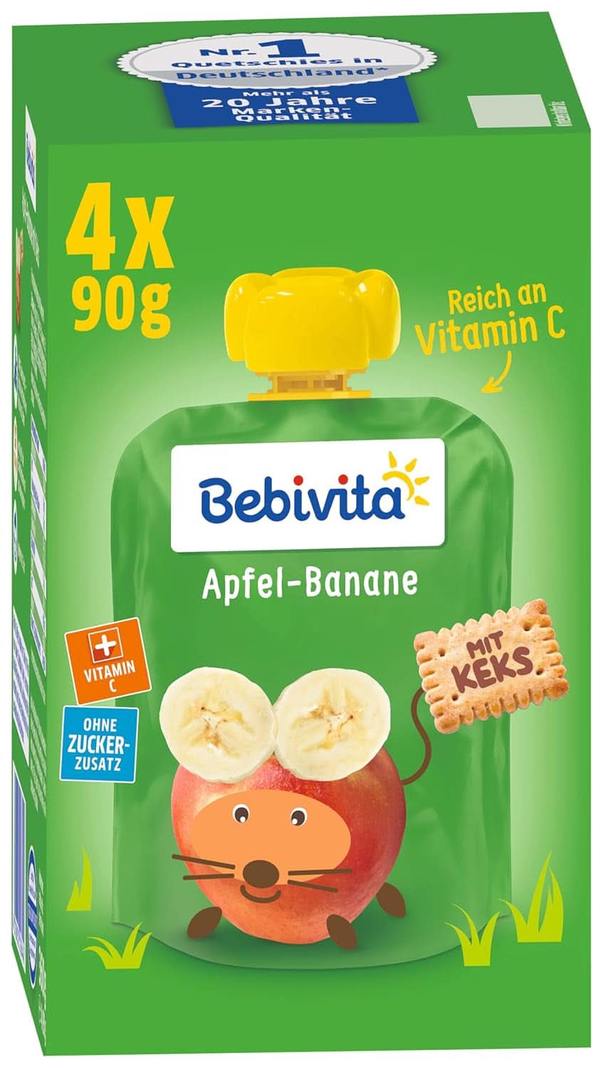 Lustige Früchte und Müsli für Kinder, ganz in Apfel-Bananen, 4er-Pack (4 x 90 Gramm) Mutter und Kind Naty Shop Apfel-Bananen mit Keks