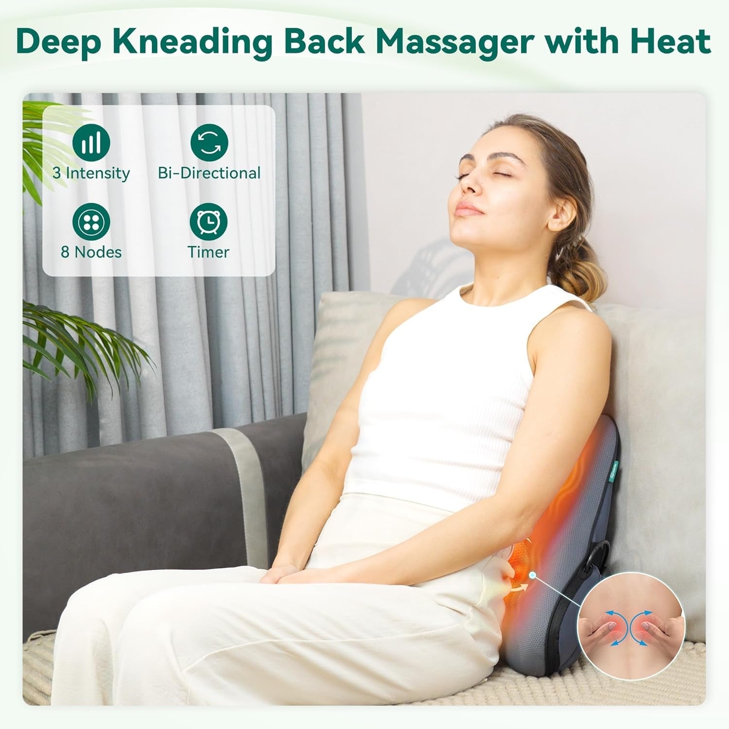 Pernă ergonomică Snailax pentru suport lombar cu masaj și căldură, pernă pentru spate Shiatsu din spumă cu memorie, pernă pentru șezut cu 3 intensități de masaj | 2 niveluri de căldură | 3 temporizatoare | postură confortabilă în șezut