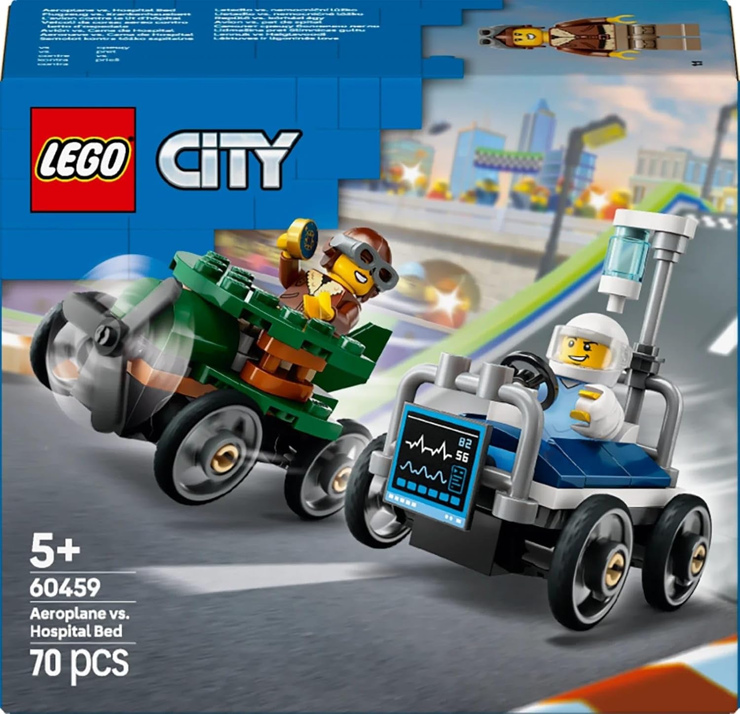 LEGO City Flugzeug vs. Krankenhausbett-Rennwagen-Set – Seifenkistenspielzeug für Jungen und Mädchen ab 5 Jahren – Bauset mit 2 Minifiguren – Geburtstags- und Weihnachtsgeschenk 60459 Bausätze Besuchen Sie den LEGO-Store