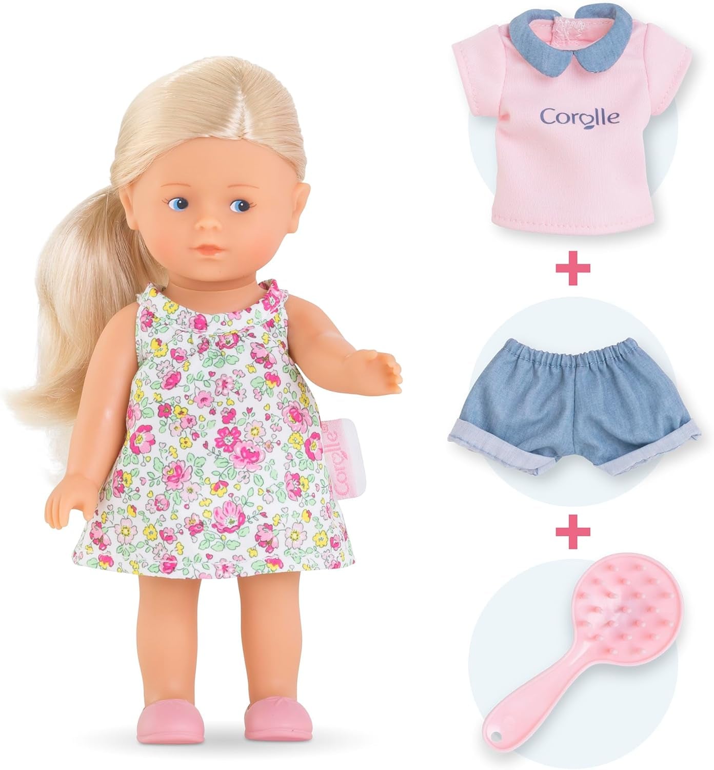 Les Trendies Corolline Rosy Miniwelt Set, Vollvinylpuppe mit langem Haar, Bürste, extra Outfit in Geschenkbox, 4 Teile, Vanilleduft, 20cm, ab 3 Jahren