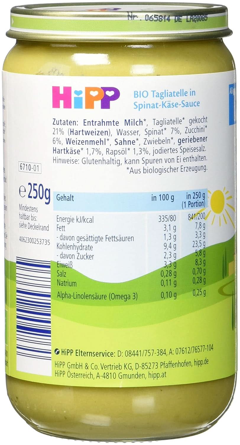 Hipp Pasta Bambini - Tagliatelle in Spinat-Käse-Sauce, 6er-Pack (6 x 250 Gramm) Mutter und Kind Naty Shop