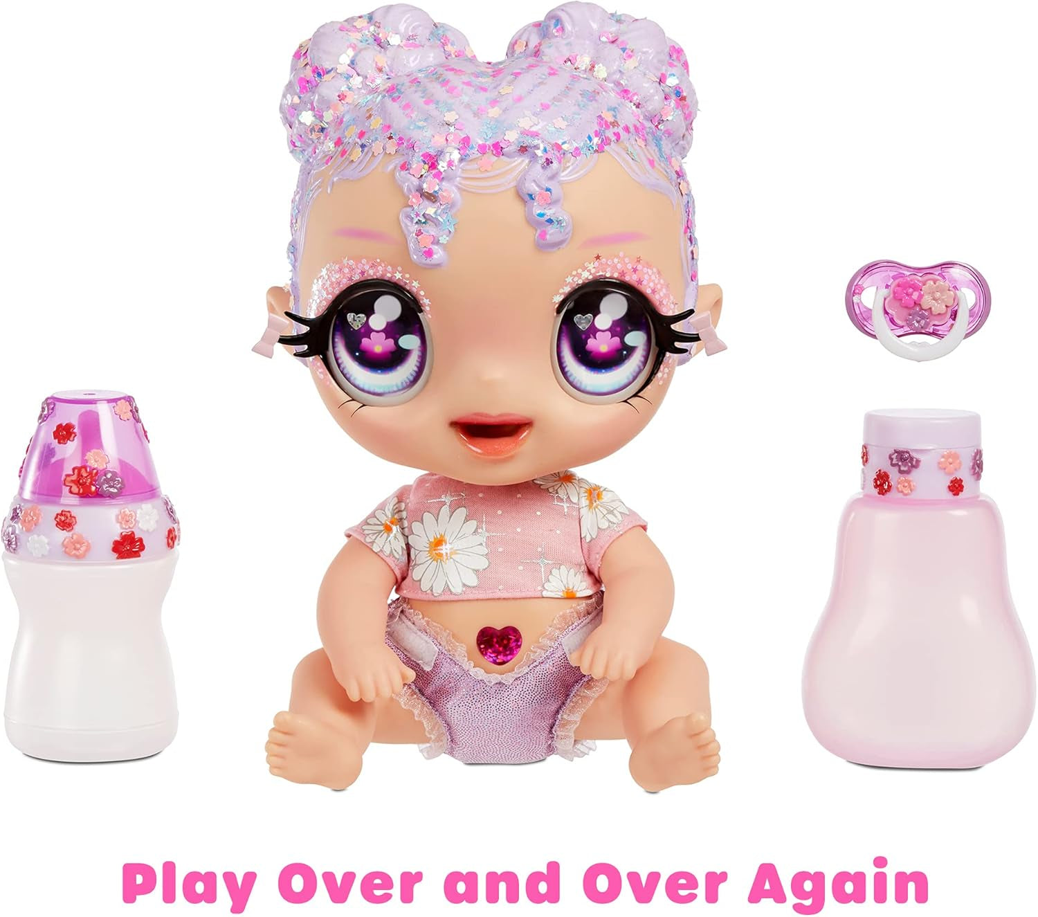 MGA Glitter Babyz – LILA WILDBLOOM – Babypuppe mit 3 magischen Farbwechseln durch eiskaltes Wasser – mit lila Glitzerhaaren, Wildblumen-Outfit, Windel, Flasche und Schnuller – für Kinder ab 3 Jahren